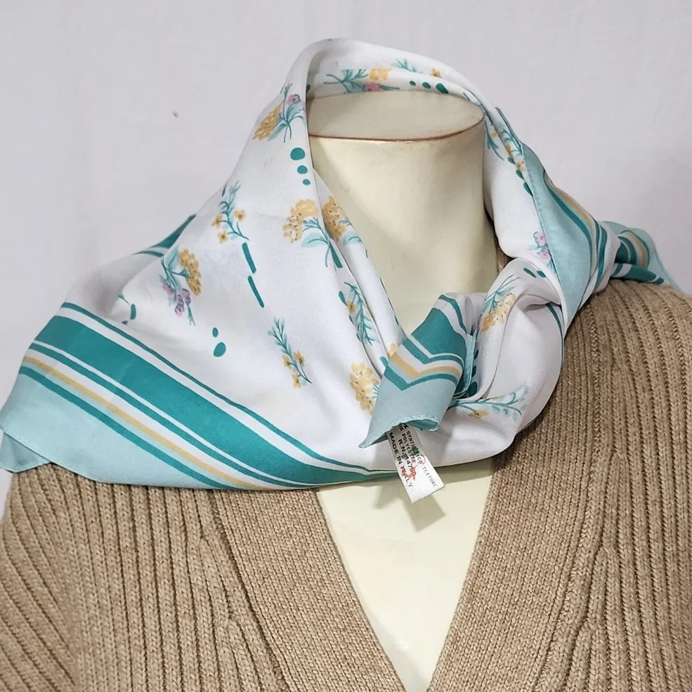 Vintage Made in Italy Polyester Scarf Teal Pink Print 80s Style